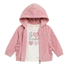 A pink hooded zip-up jacket for toddlers, featuring a soft velour texture, ruffled details on the sleeves and hem, and a white graphic t-shirt underneath with pink hearts and the text 'Je t'aime'.