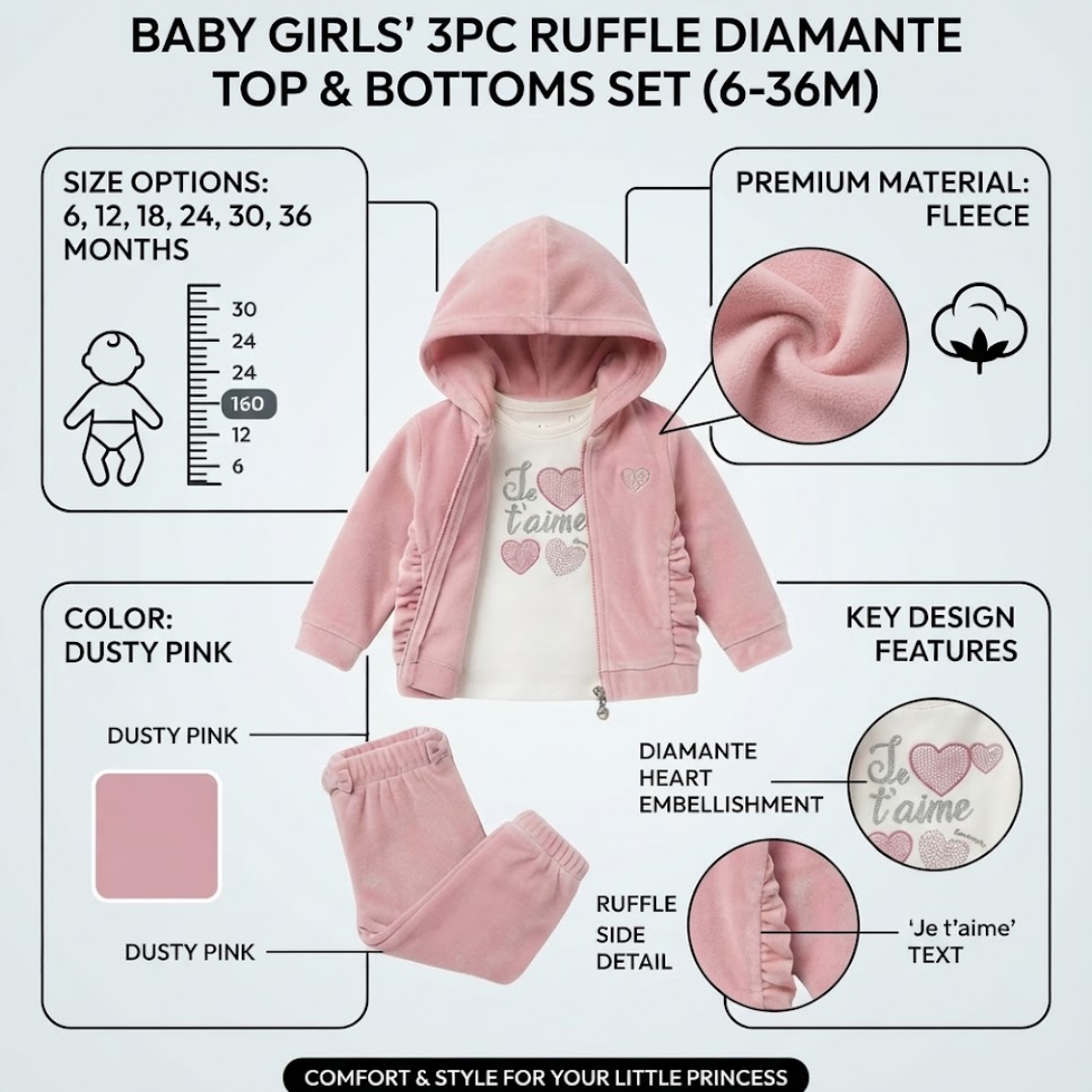 Baby girls' 3-piece ruffle hooded jacket and pants set in dusty pink fleece, shown with a white 'Je'aime' graphic t-shirt. The infographic includes size options (6-36 months), a fabric texture swatch, and key design features like the heart embellishment and ruffle details.