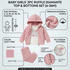 Baby girls' 3-piece ruffle hooded jacket and pants set in dusty pink fleece, shown with a white 'Je'aime' graphic t-shirt. The infographic includes size options (6-36 months), a fabric texture swatch, and key design features like the heart embellishment and ruffle details.