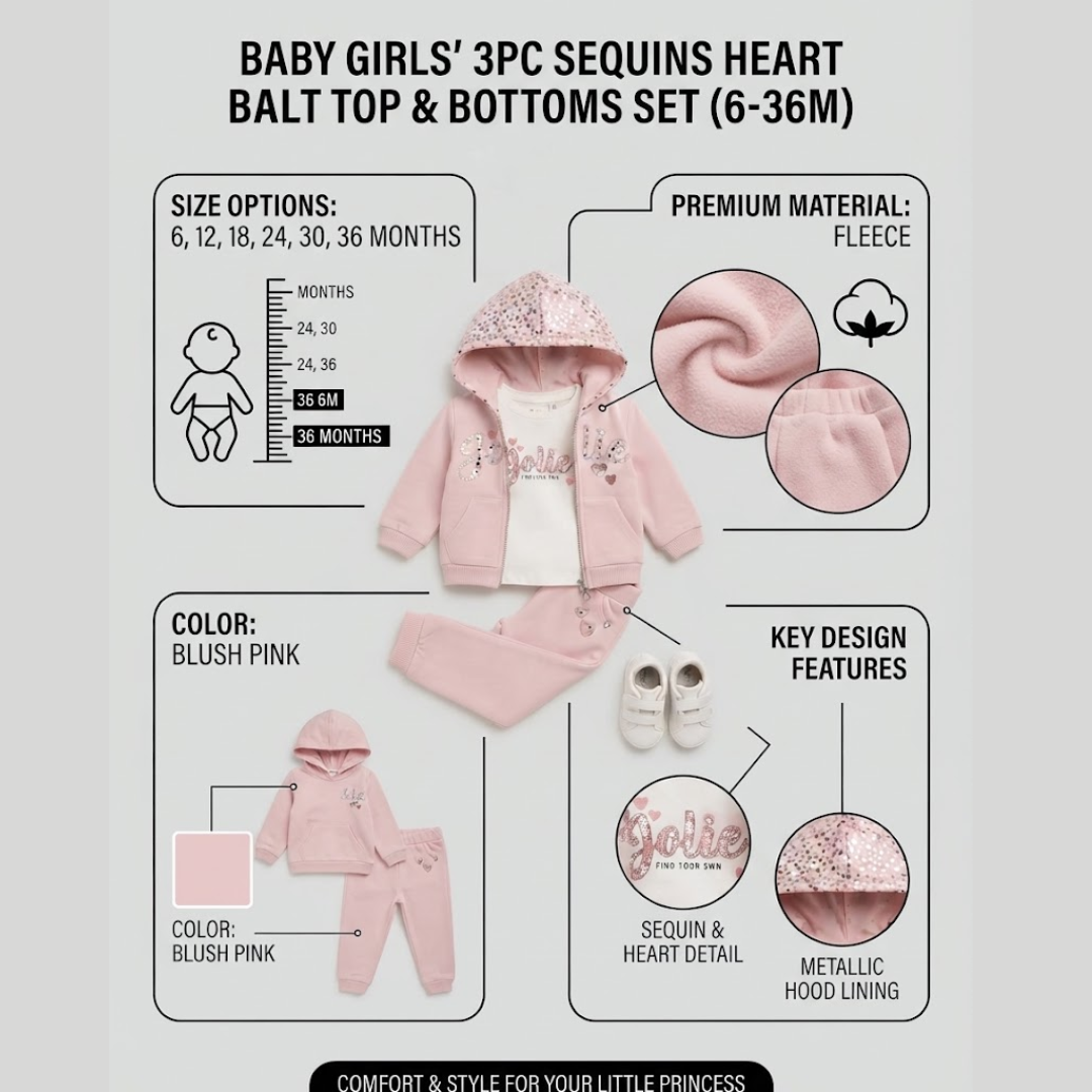 Baby girls' 3-piece sequin heart belt top and bottoms set in blush pink, shown on a light gray infographic background with size options, material callouts, and key design features.