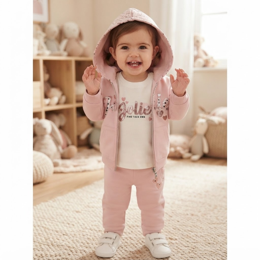 A toddler stands in a softly lit children's room wearing a light pink hooded zip-up jacket with decorative text and embellishments, matching pink pants, a white T-shirt, and white shoes.