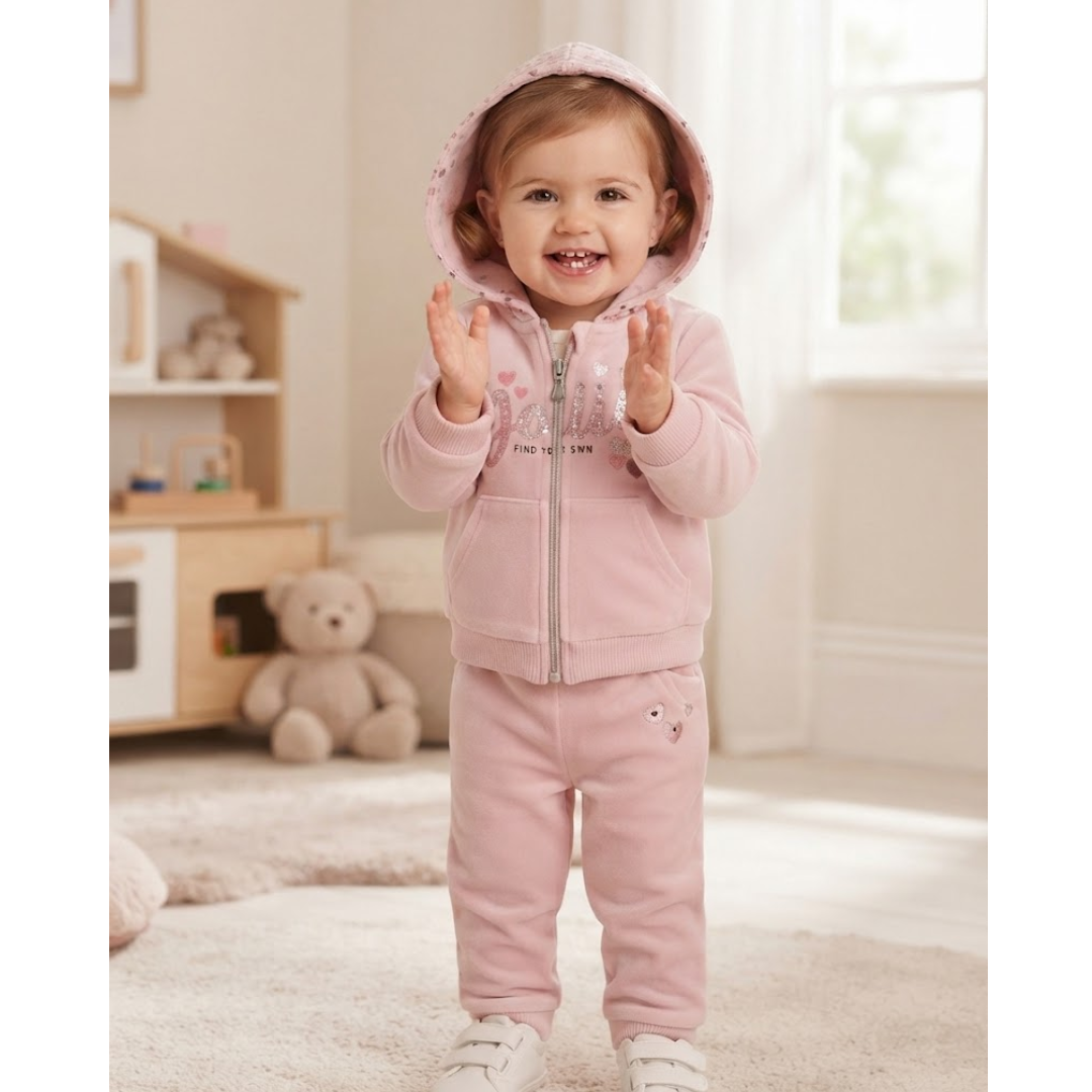 A smiling toddler stands in a bright nursery wearing a light pink hooded zip-up sweatshirt and matching pink pants. The outfit has small decorative graphics and text on the chest, and the child is wearing white shoes.