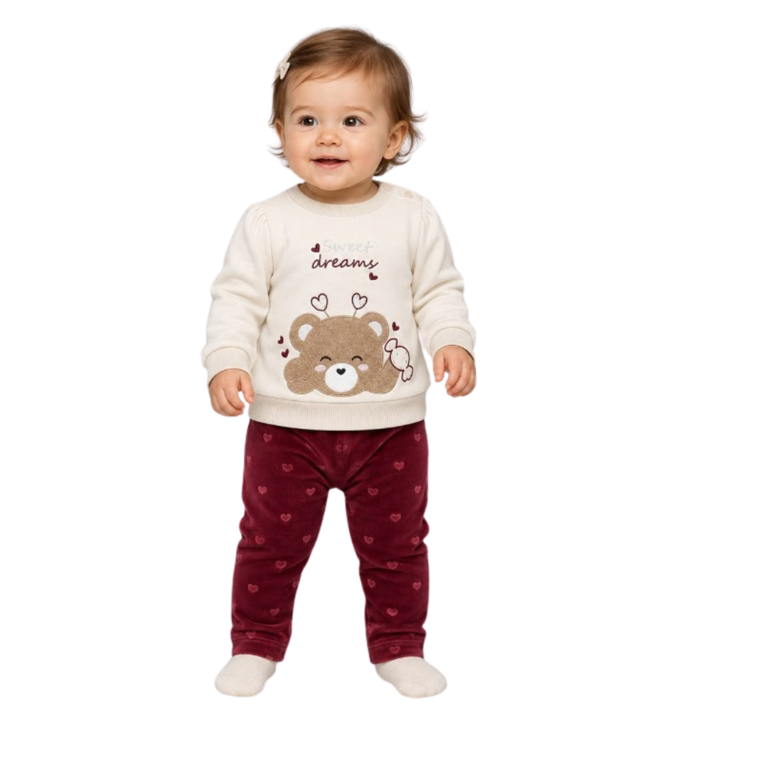 A 2-piece newborn velvet outfit set featuring a navy blue and white long-sleeve romper with a car applique and a matching navy blue and white hat, displayed on a cream fabric background with informational callouts.