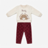 Layout of the baby girl cream sweatshirt and maroon velvet trousers set on a clean white background