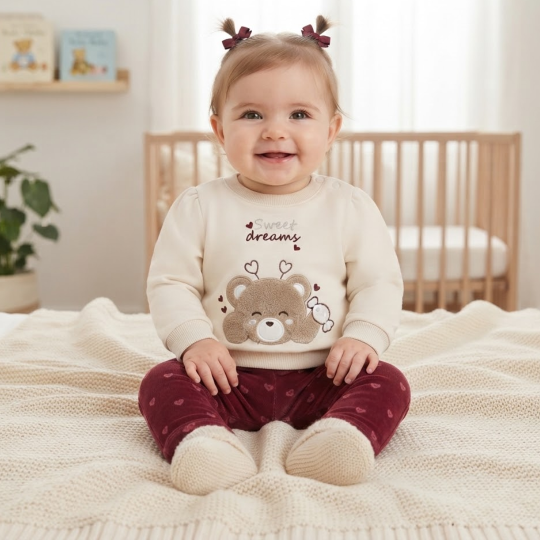 A baby wearing a festive red Christmas outfit with a matching beanie, lace trim, and white bow, sitting on a cream knit chair in front of a decorated Christmas tree.