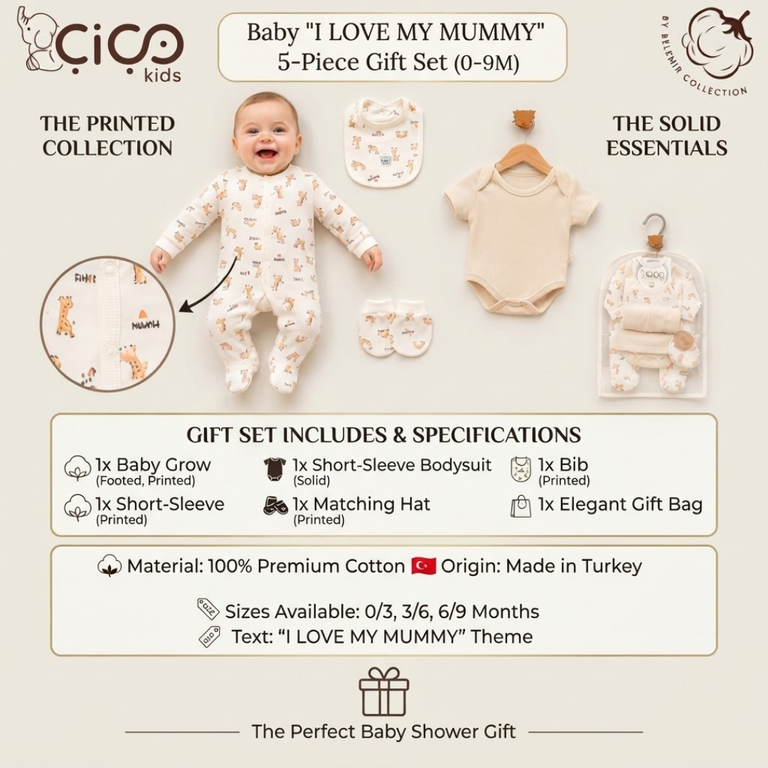 A baby shower gift set product listing graphic for Cico Kids, featuring a baby wearing a printed footed bodysuit, with additional items including a solid bodysuit, bib, hat, and gift bag shown alongside text detailing the set contents and specifications.