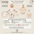 A baby shower gift set product listing graphic for Cico Kids, featuring a baby wearing a printed footed bodysuit, with additional items including a solid bodysuit, bib, hat, and gift bag shown alongside text detailing the set contents and specifications.