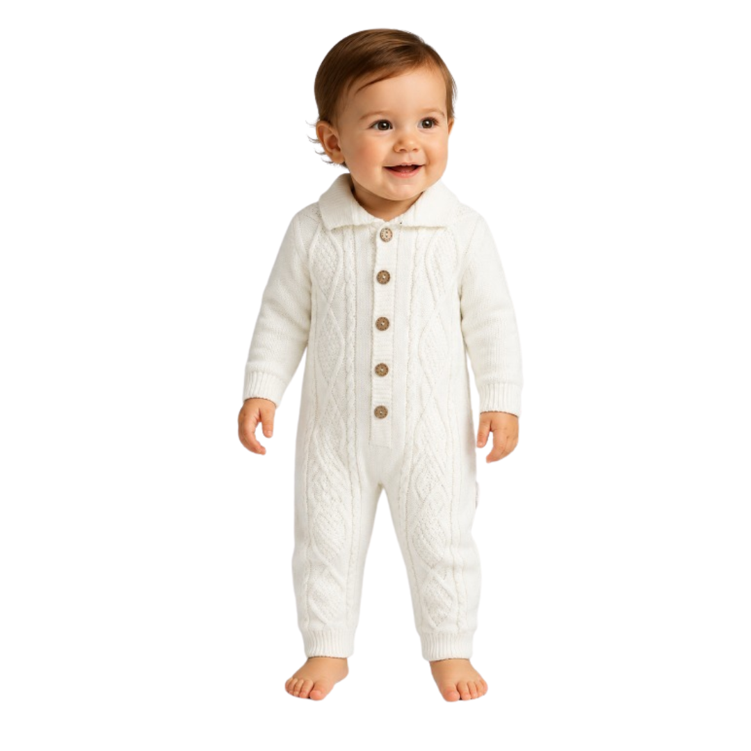 A baby two-piece knit outfit set laid flat on a cream satin fabric background. The set includes a long-sleeve top with a white body, light blue yoke and cuffs, and a blue train graphic on the chest, paired with matching light blue pants with white cuffs.