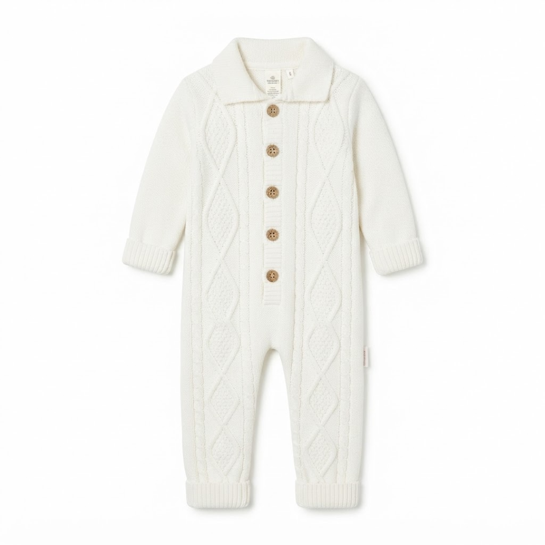 A baby footed sleeper set laid flat on a cream fabric background, including a navy blue and white long-sleeve sleeper with embroidered car details on the chest, and a matching navy blue and white beanie hat.