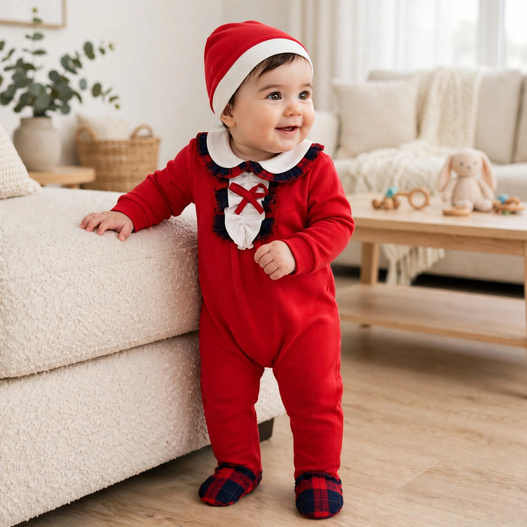 Smiling baby standing in a living room wearing a red festive footed romper with tartan plaid trim and a matching beanie.