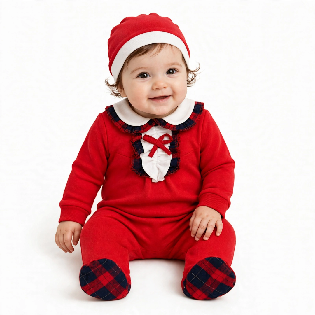 Baby in a red festive romper with tartan plaid collar detail and matching beanie.