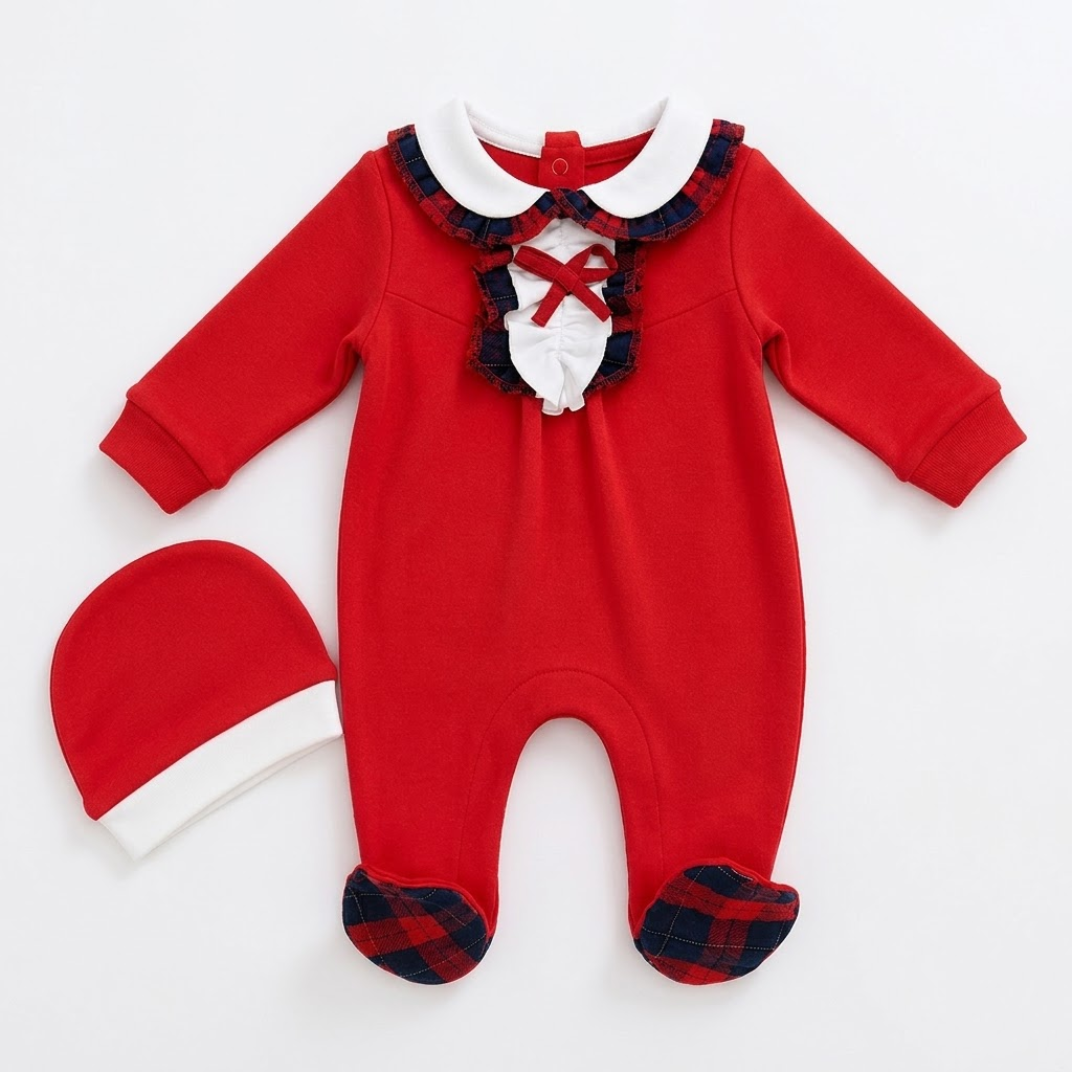 Red baby holiday footed romper and beanie set with tartan plaid trim.