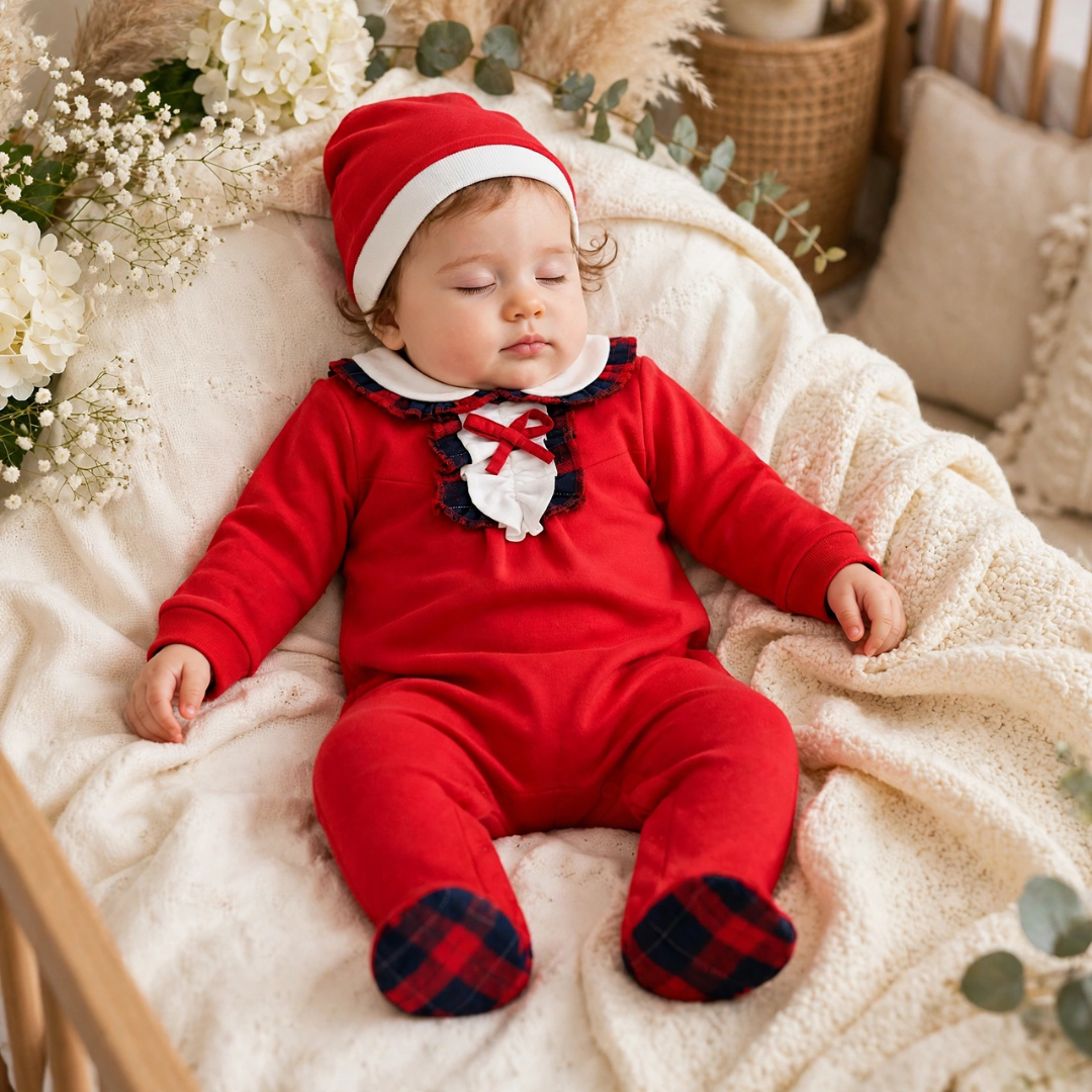 Sleeping baby lying on a cozy cream blanket wearing a red holiday footed romper with tartan plaid trim and a matching beanie.