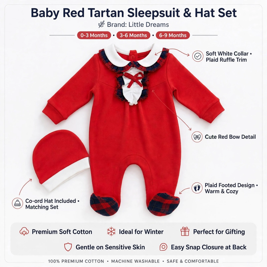 Product feature infographic for the Little Dreams Baby Red Tartan Sleepsuit & Hat Set showing product features and size options.