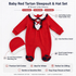 Product feature infographic for the Little Dreams Baby Red Tartan Sleepsuit & Hat Set showing product features and size options.