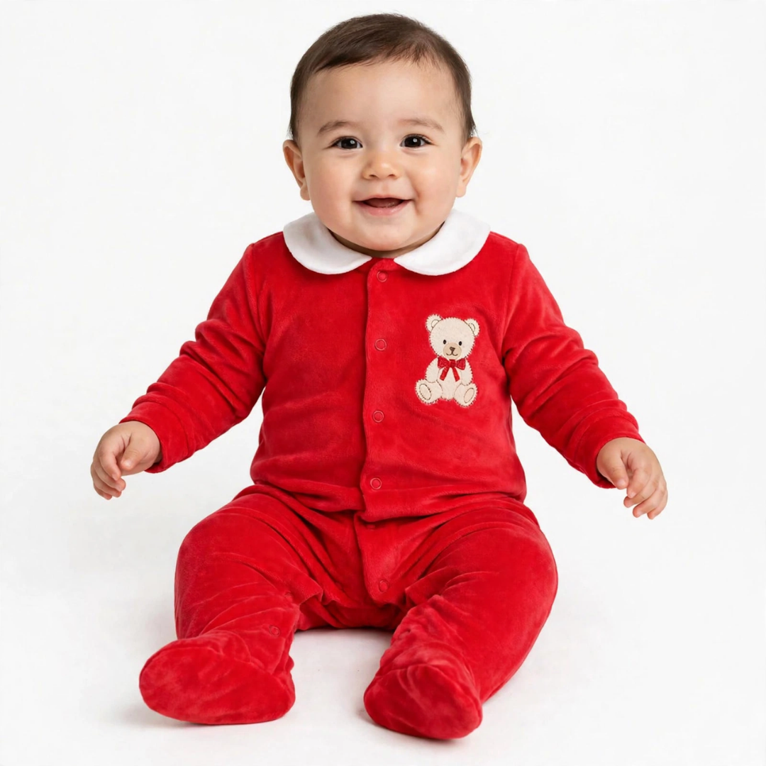 Baby sitting in a red velour footed sleeper with a white collar and teddy bear embroidery.