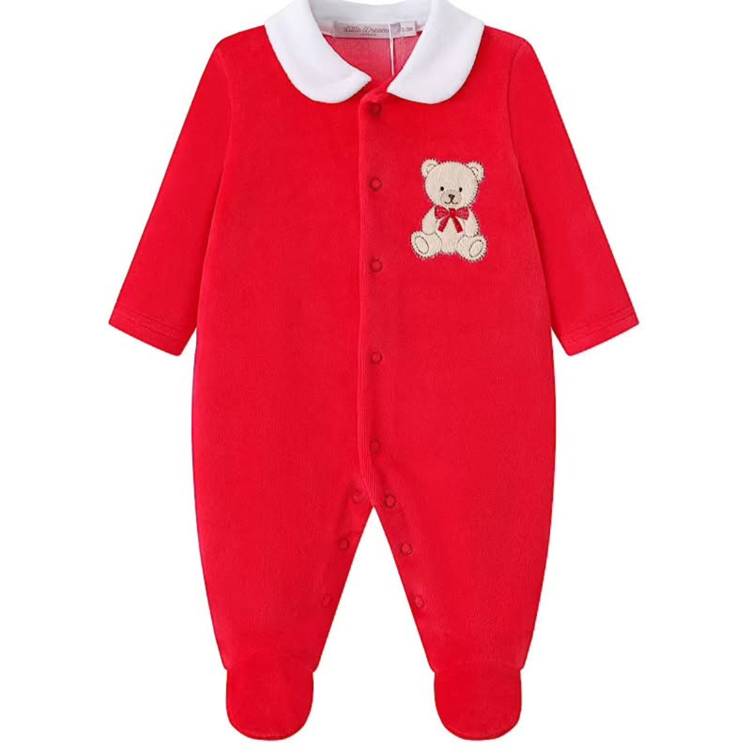 Red velour baby footie sleepsuit with a white collar, front snaps, and a cute embroidered teddy bear on the chest.