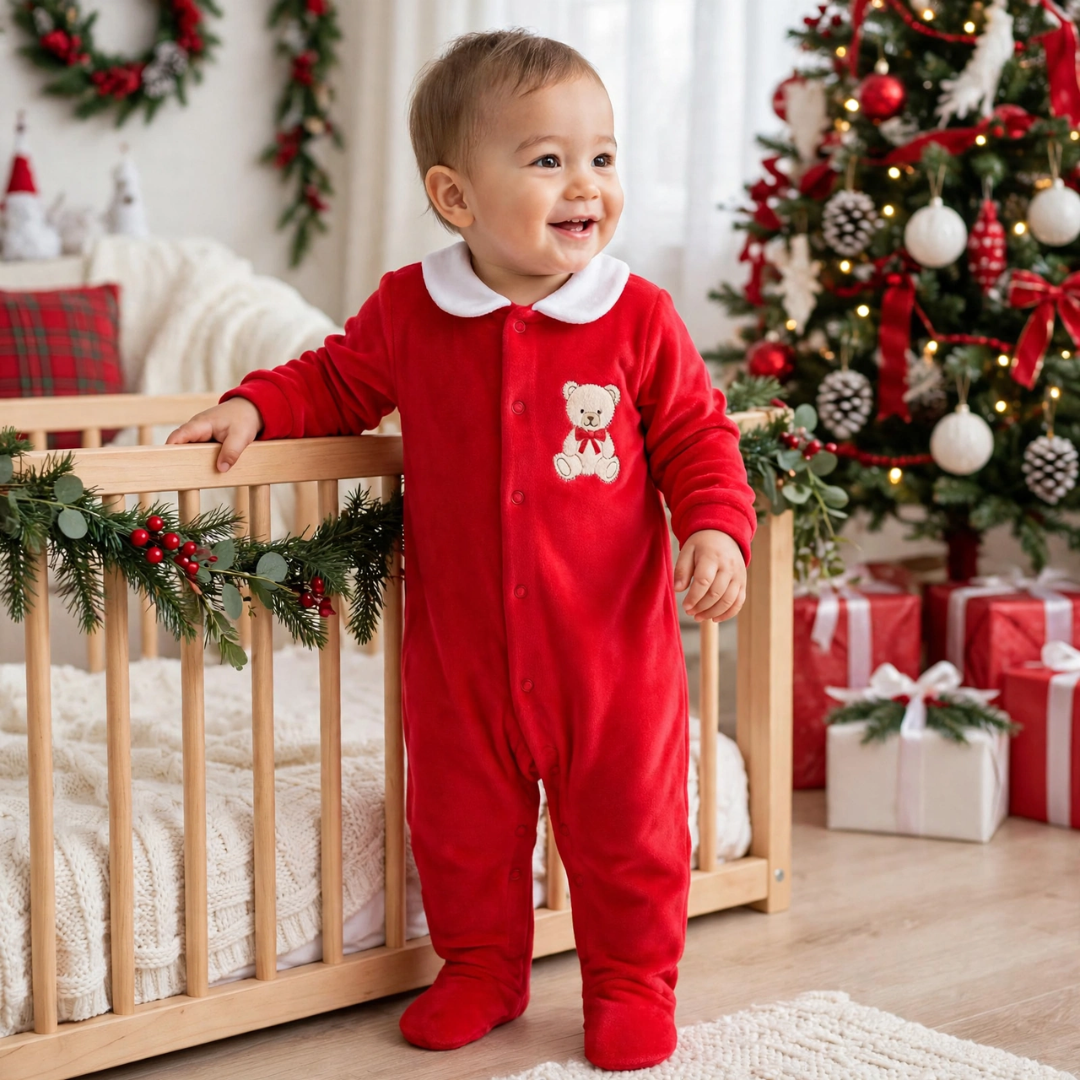 Baby wearing a red velour Christmas sleepsuit next to a holiday tree.