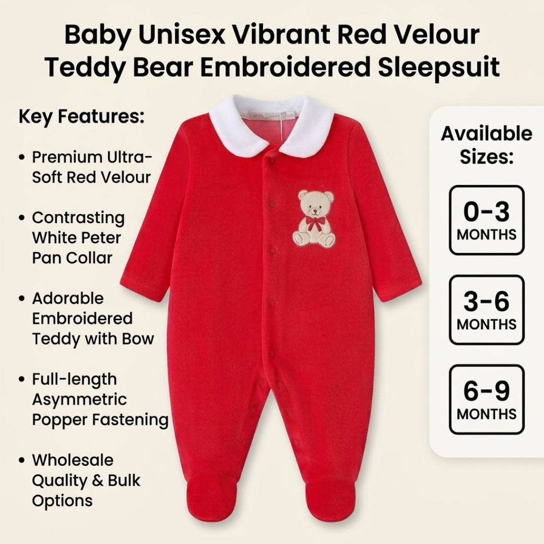 Product feature graphic for a red velour baby sleepsuit with teddy bear embroidery.