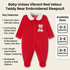 Product feature graphic for a red velour baby sleepsuit with teddy bear embroidery.