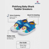 Pinkfong Baby Shark toddler sneakers shown on a light gray background with feature callouts and a size guide. The shoes are blue with yellow, white, and pink cartoon shark graphics, Velcro closures, and shark-fin-shaped heels.