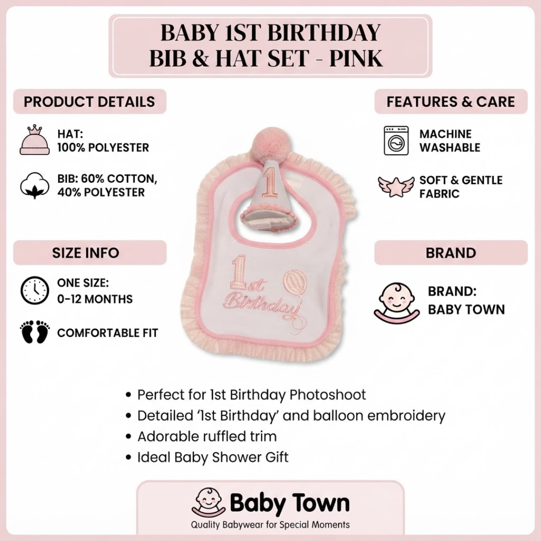 Pink baby 1st birthday bib and hat set product graphic with product details, features and care, size info, and Baby Town branding on a pale pink background.