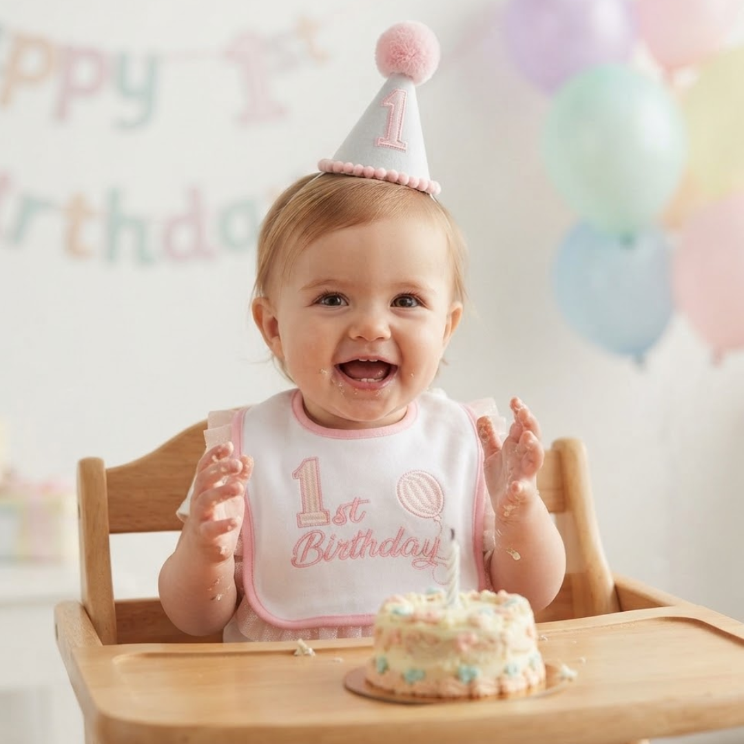 A baby smiling in a wooden high chair at a first birthday, wearing a white and pink '1st Birthday' bib and matching party hat, with a small cake on the tray and pastel balloons in the background.