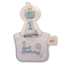 Baby first birthday set including a light blue and white bib with '1st Birthday' embroidery, a matching party hat, and a hanging display card on a white background.