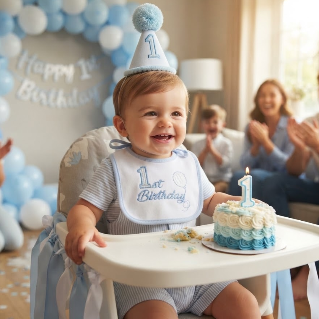 A baby wearing a blue and white striped outfit, a blue '1st Birthday' party hat, and a matching bib sits in a high chair at a first birthday celebration, with a small blue and white cake and a '1' candle on the tray. In the background, adults are clapping, and a blue and white balloon arch with 'Happy 1st Birthday' decor is visible.