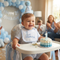 A baby wearing a blue and white striped outfit, a blue '1st Birthday' party hat, and a matching bib sits in a high chair at a first birthday celebration, with a small blue and white cake and a '1' candle on the tray. In the background, adults are clapping, and a blue and white balloon arch with 'Happy 1st Birthday' decor is visible.