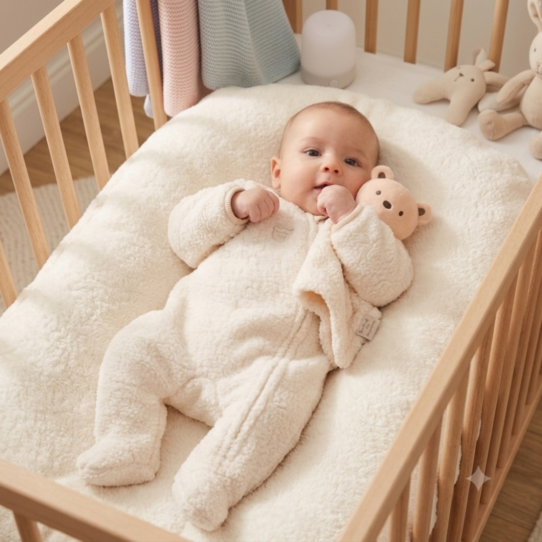 

Baby lying in a wooden crib wearing a cozy cream fleece sleepsuit, holding a matching plush teddy bear comforter blanket near their face.