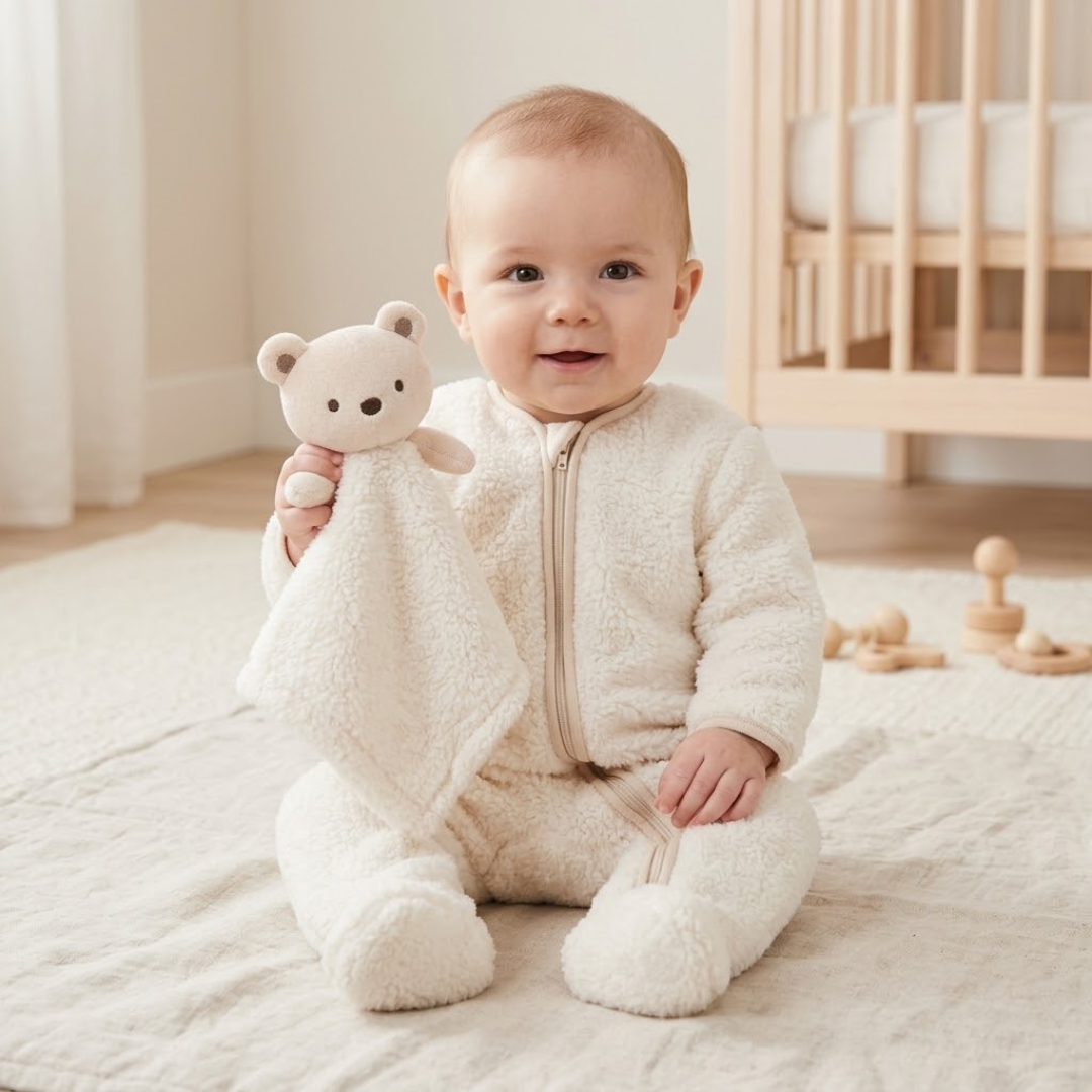 Baby sitting on a rug wearing a cream fleece onesie and holding a matching plush bear security blanket.