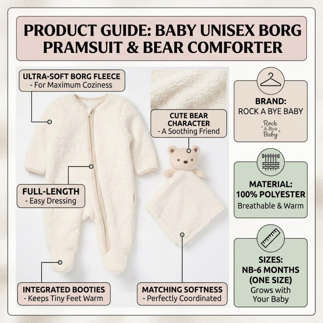 Product guide infographic for a baby unisex borg pramsuit and bear comforter set by Rock A Bye Baby, highlighting features including ultra-soft fleece, full-length zip, integrated booties, and 100% polyester material details.