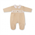 A baby footed sleeper in beige corduroy with a white Peter Pan collar and a decorative embroidered chest band featuring small animals.