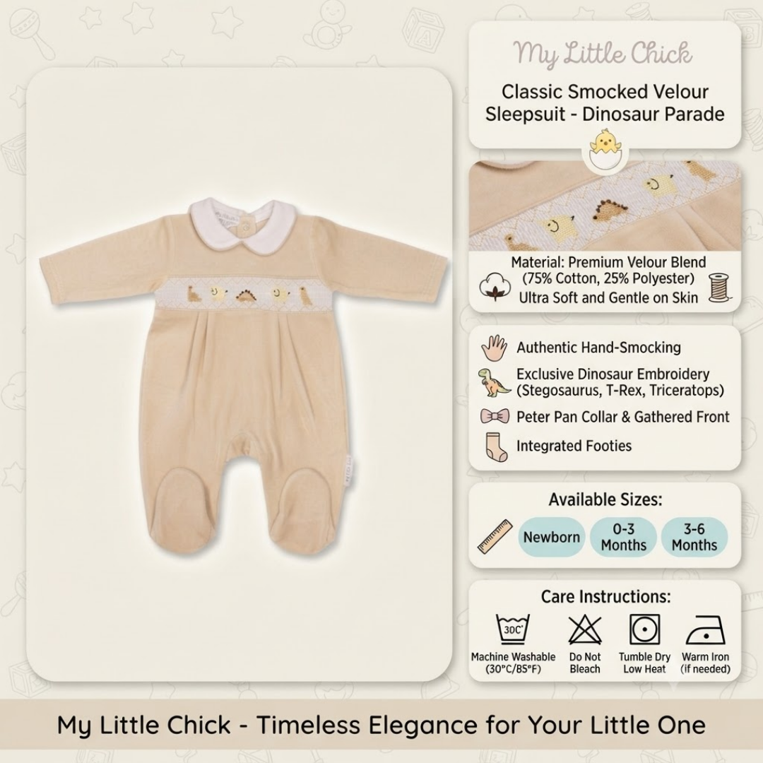A baby sleepsuit in beige with a white Peter Pan collar and dinosaur embroidery, shown alongside product details on a cream background. The text reads 'My Little Chick' and describes the classic smocked velour sleepsuit.