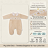 A baby sleepsuit in beige with a white Peter Pan collar and dinosaur embroidery, shown alongside product details on a cream background. The text reads 'My Little Chick' and describes the classic smocked velour sleepsuit.