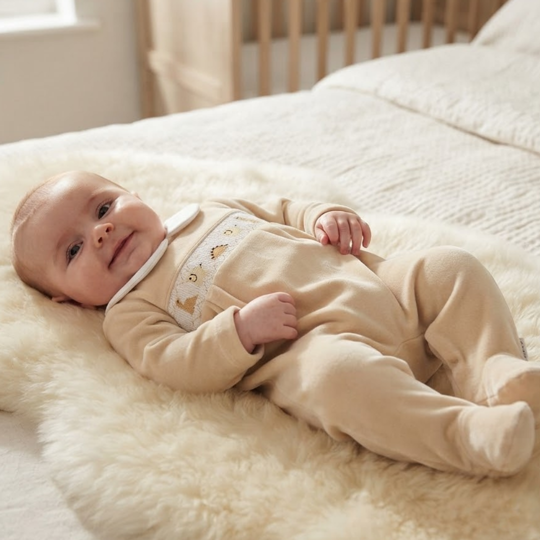 A baby lying on a fluffy cream sheepskin rug on a bed, wearing a beige footed sleeper with a white embroidered chest panel featuring small animal motifs.