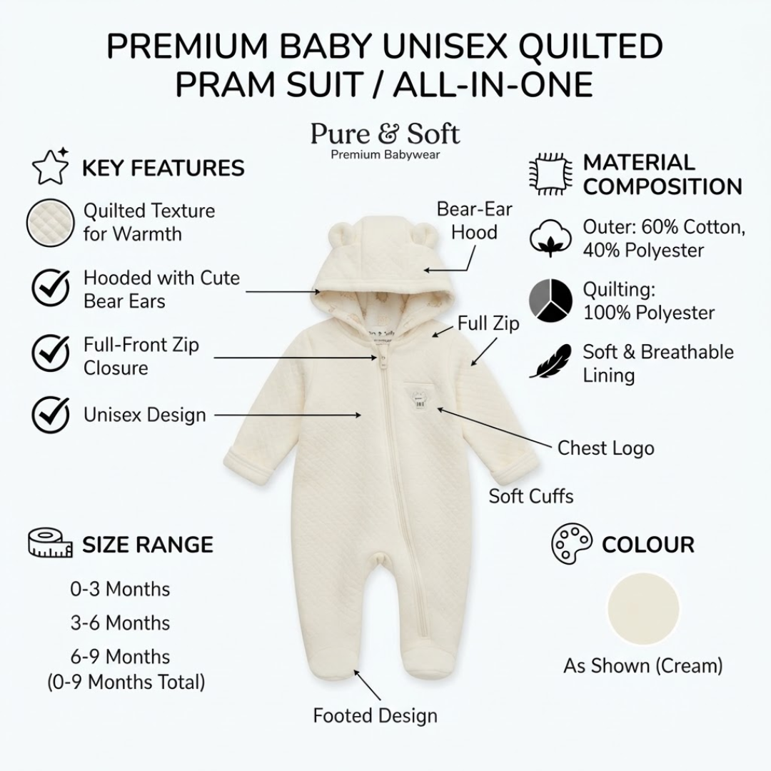 A cream-colored baby unisex quilted pram suit with a hood and footed design, shown on a light gray infographic background with feature callouts, material composition, size range, and color details.