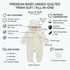 A cream-colored baby unisex quilted pram suit with a hood and footed design, shown on a light gray infographic background with feature callouts, material composition, size range, and color details.