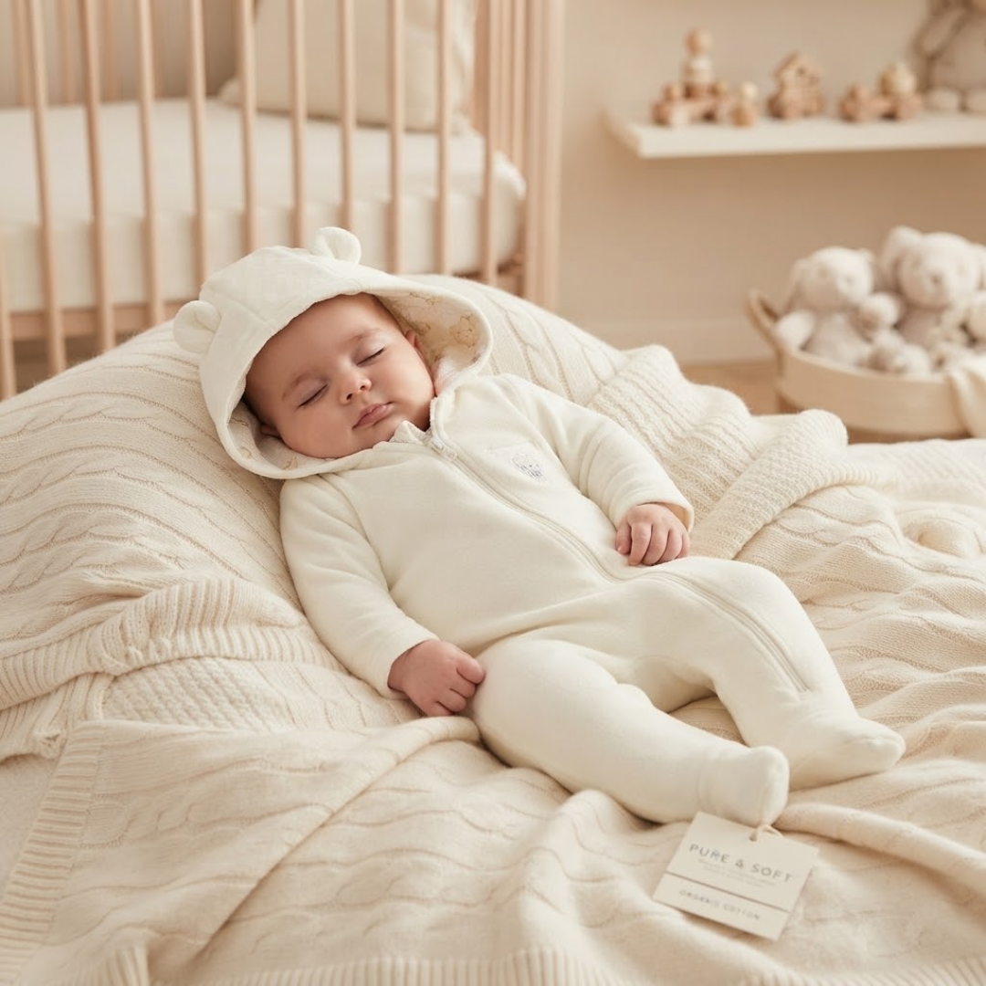 A sleeping baby wearing a cream-colored footed sleeper with a hood featuring bear ears, lying on a textured cream blanket in a softly lit nursery.