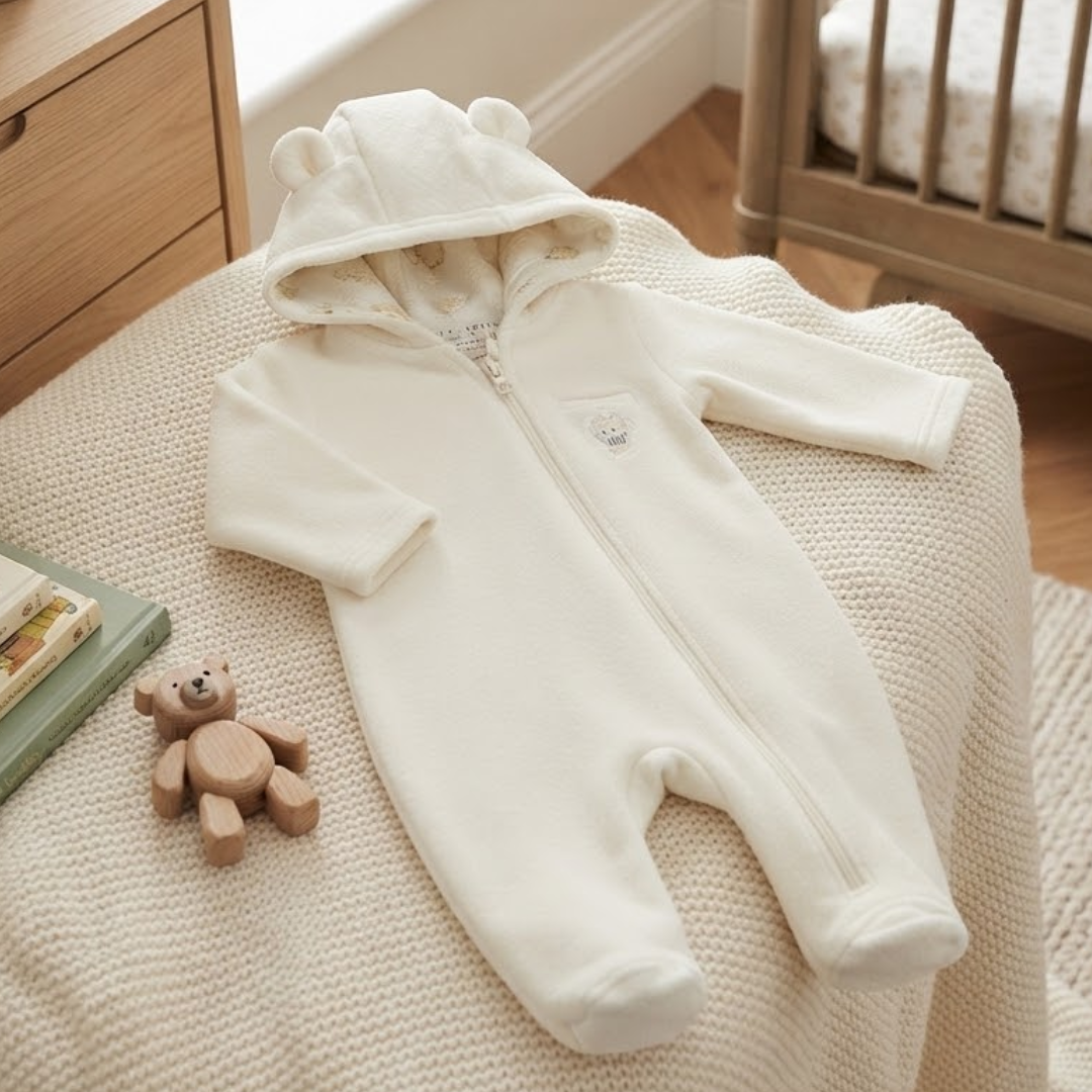 A cream-colored baby hooded sleeper with a front zipper, long sleeves, and foot coverings, styled on a textured cream blanket in a nursery setting.