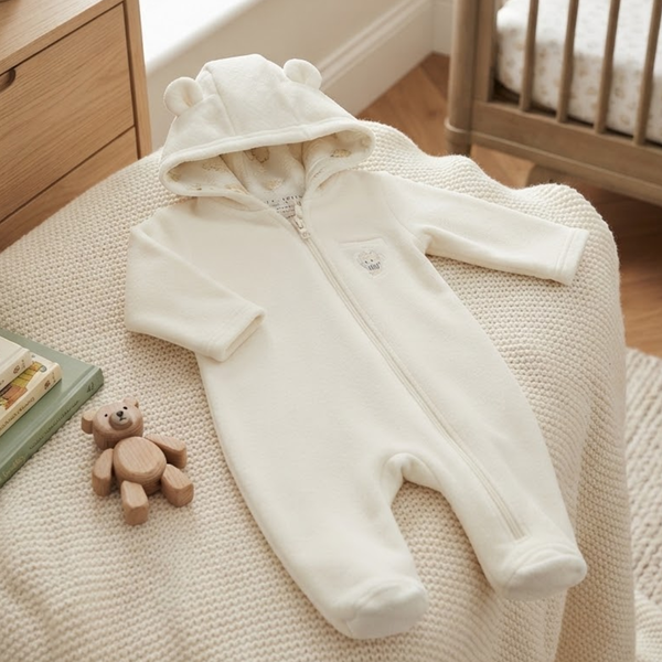 A cream-colored baby hooded sleeper with a front zipper, long sleeves, and foot coverings, styled on a textured cream blanket in a nursery setting.