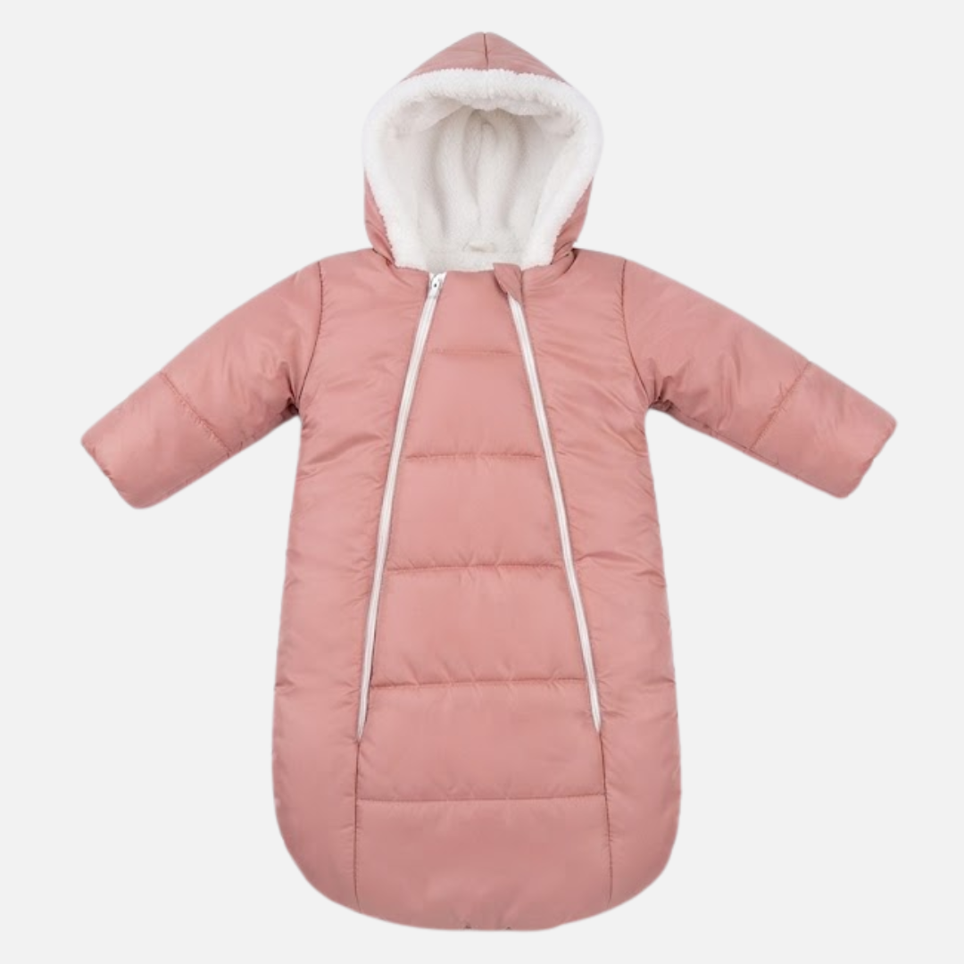 A pink hooded puffer coat with white faux-fur lining inside the hood and white drawstrings, shown against a light gray background.