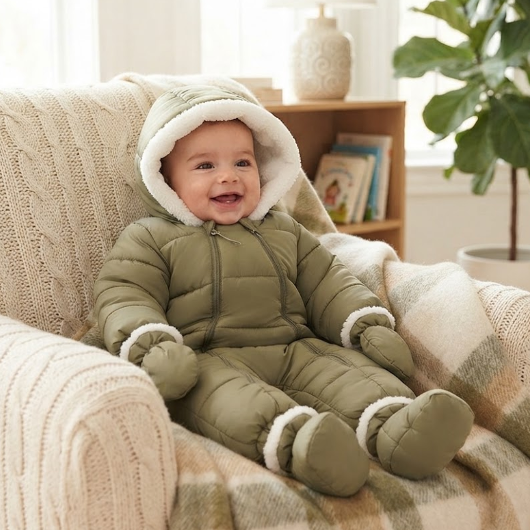 A baby wearing Baby Warm Plush Snowsuit sitting on couch happily