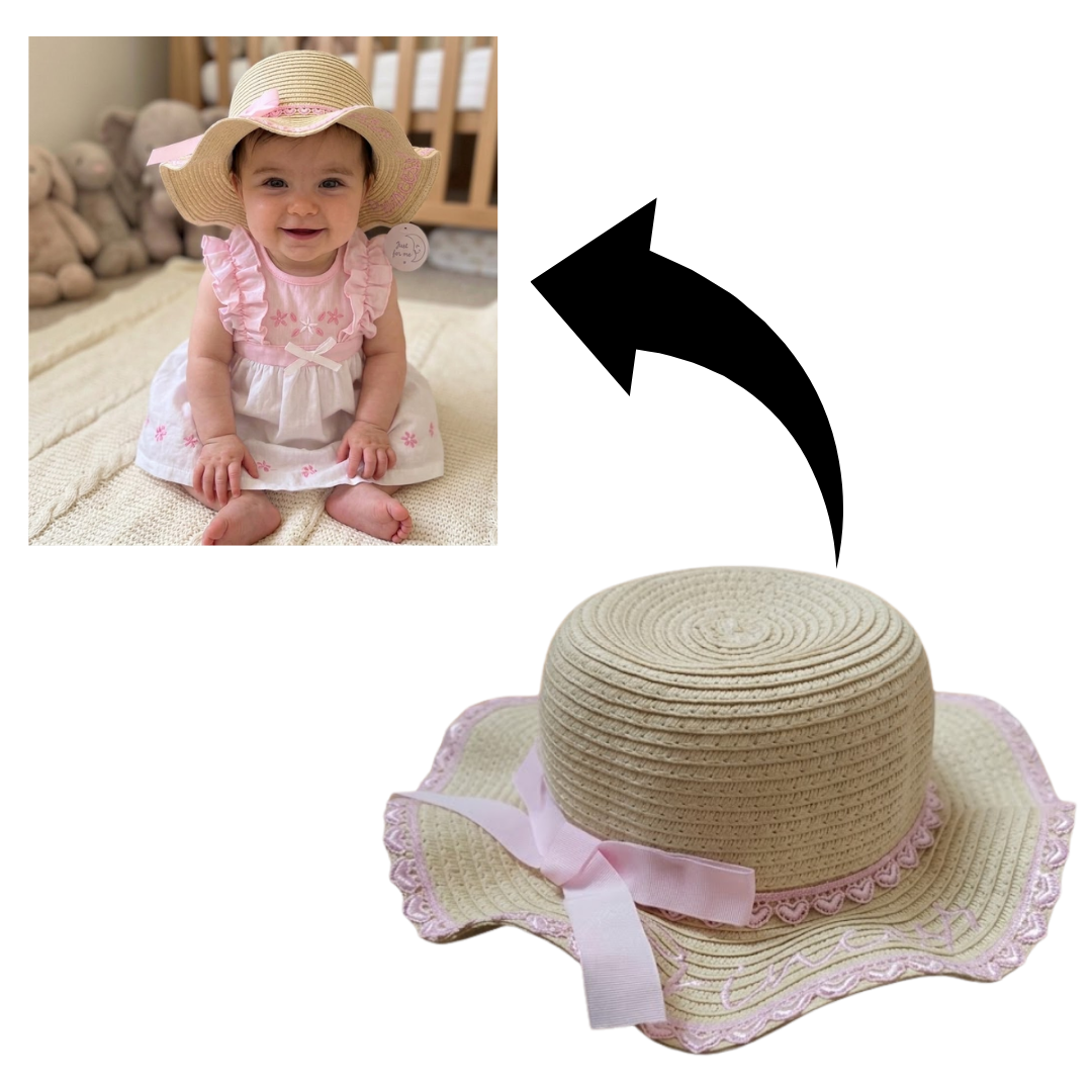 Baby wearing a straw hat with pink trim in a nursery setting, followed by a close-up of the hat on a white background.