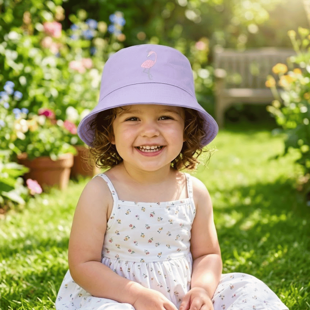 Child wearing a purple bucket hat and white dress sitting in a garden.