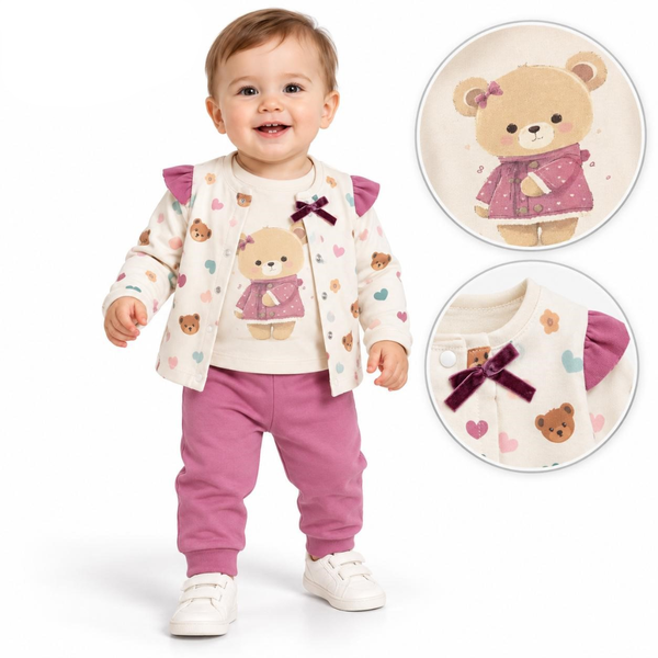 A baby girl wearing a three-piece outfit consisting of a cream-colored long-sleeve top with a teddy bear and heart pattern, a matching cream vest, and magenta pants. Two circular detail insets on the right show close-ups of the vest's bow and sleeve.