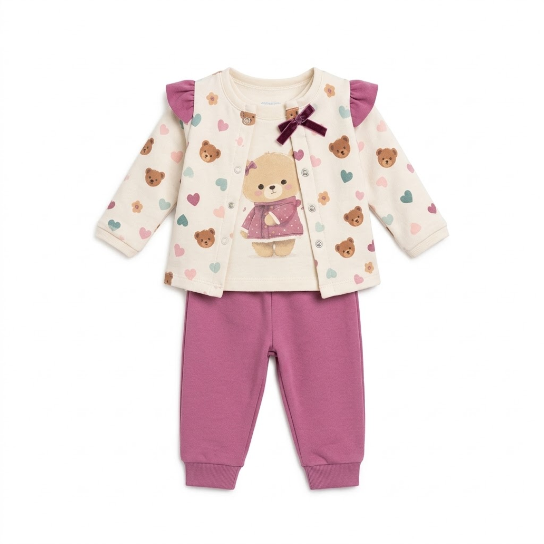 A toddler girl's two-piece outfit set featuring a cream-colored cardigan with teddy bear and heart prints, pink ruffle sleeves, and a purple bow, paired with matching dusty pink jogger pants.