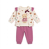 A toddler girl's two-piece outfit set featuring a cream-colored cardigan with teddy bear and heart prints, pink ruffle sleeves, and a purple bow, paired with matching dusty pink jogger pants.