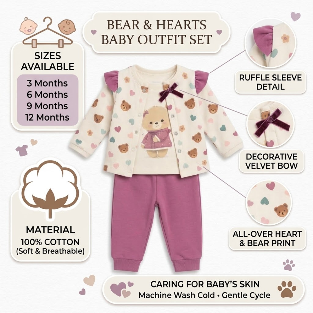 Baby girl's two-piece outfit set featuring a cream cardigan with teddy bear prints and a purple ruffle sleeve, paired with matching purple pants. The image includes callout details for the ruffle sleeve, velvet bow, and all-over heart print, along with sizing and material information.